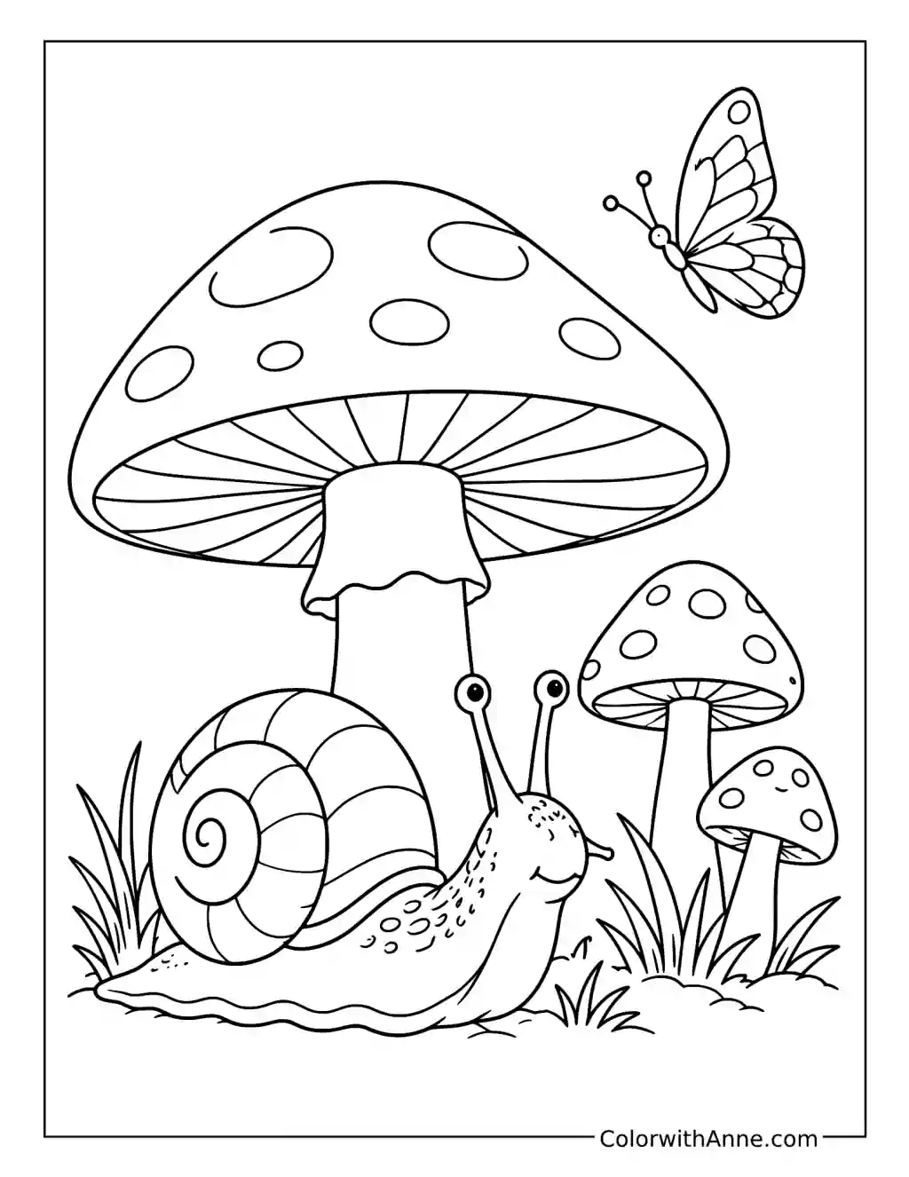 Snail Beneath Mushrooms with a Butterfly coloring page