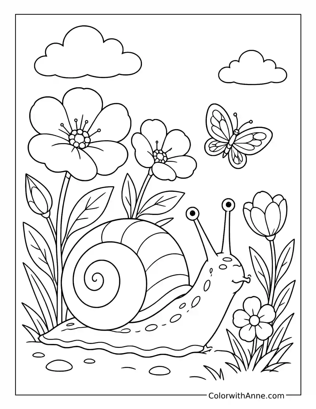 Snail in a Blooming Butterfly Garden coloring page