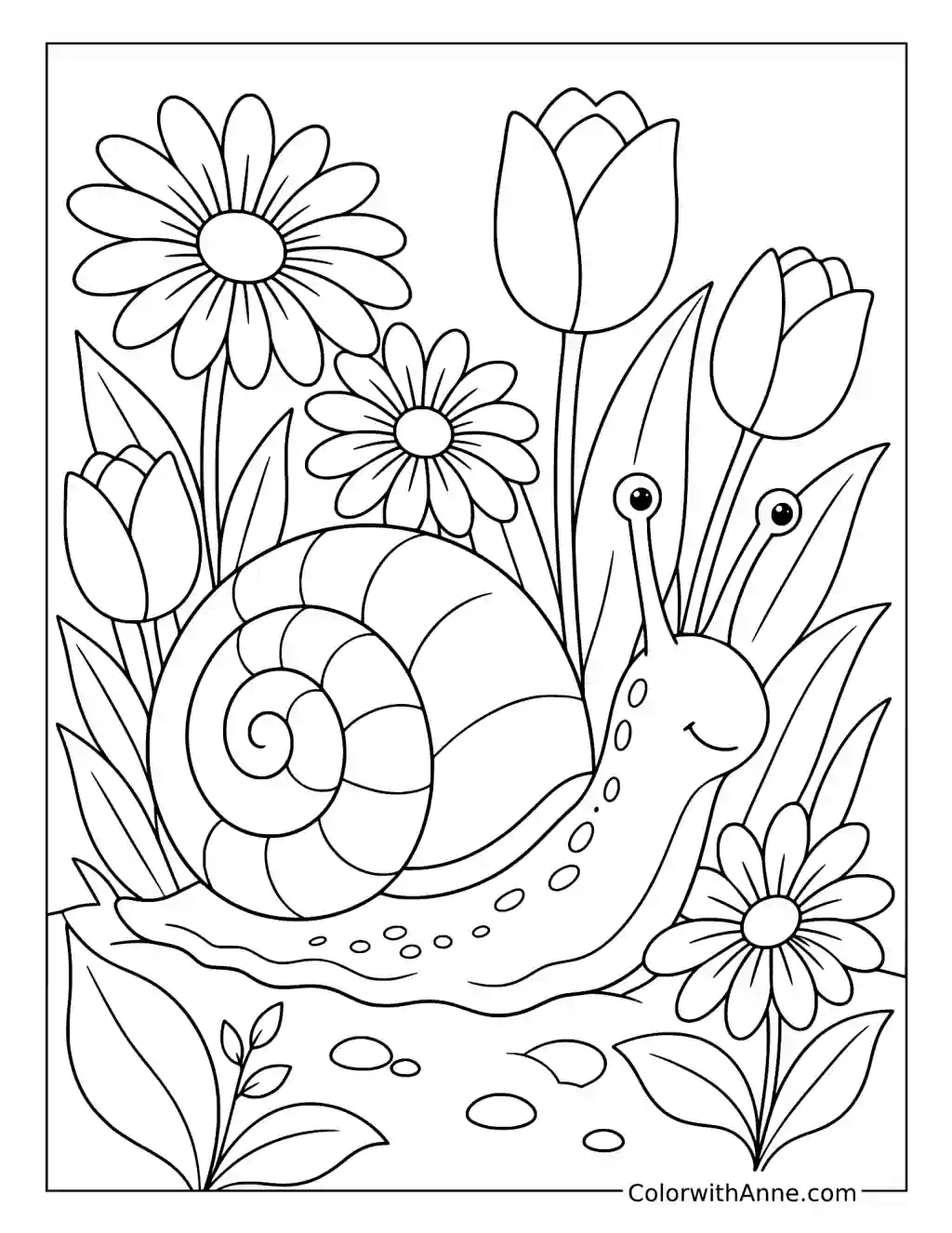 Snail in a Spring Flower Garden coloring page