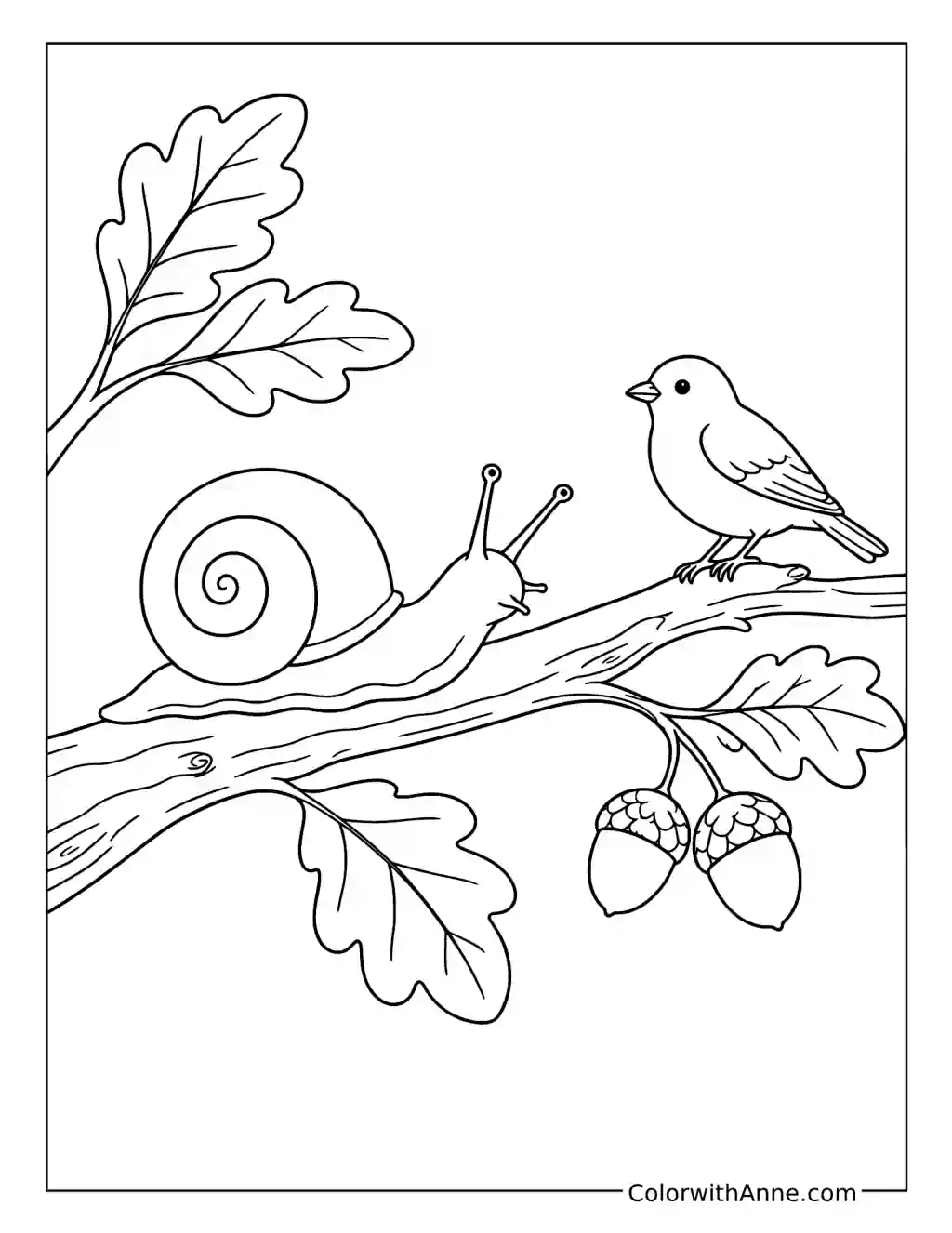Snail Meeting a Bird on an Oak Branch coloring page
