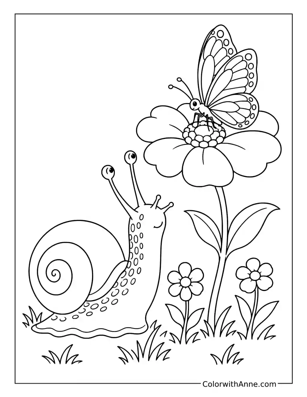 Snail Watching a Butterfly on a Flower coloring page