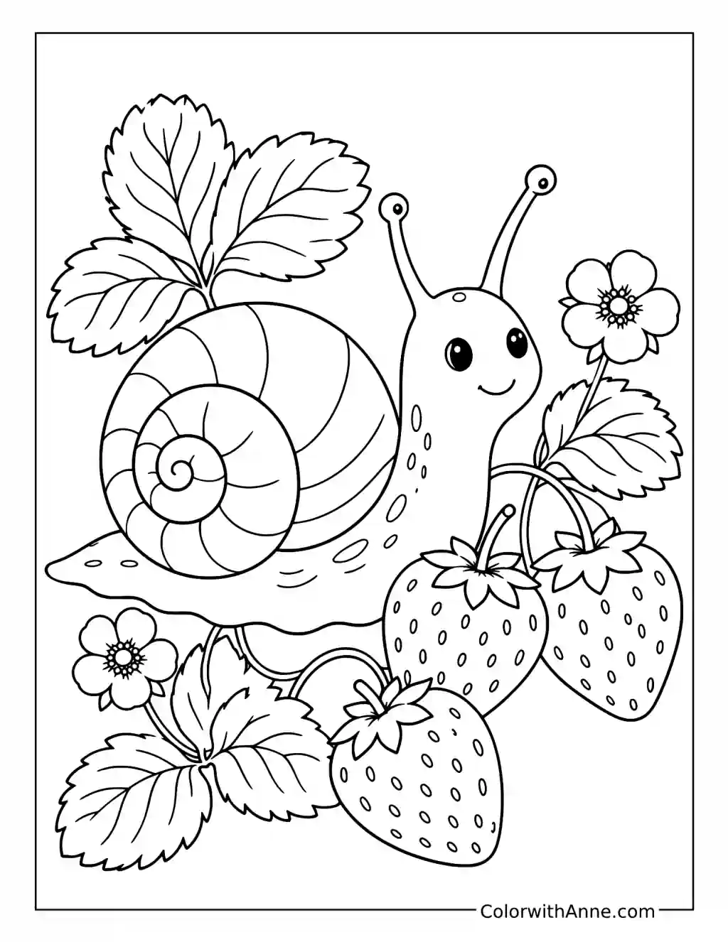 Snail with Strawberries and Blossoms coloring page
