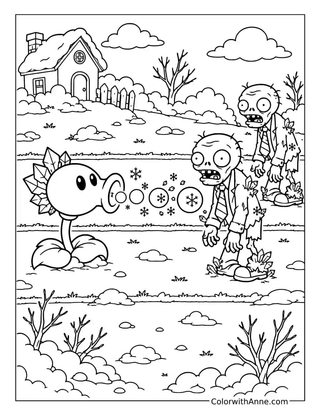 Snow Pea Freezes Two Zombies coloring page
