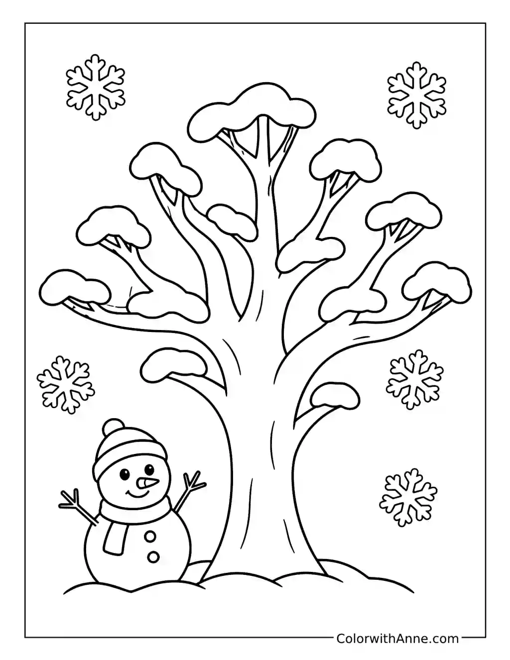 Snowman Beside a Snowy Tree coloring page
