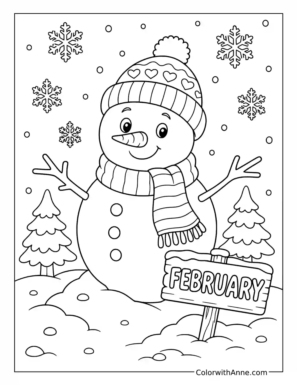Snowman beside a Wooden Sign coloring page