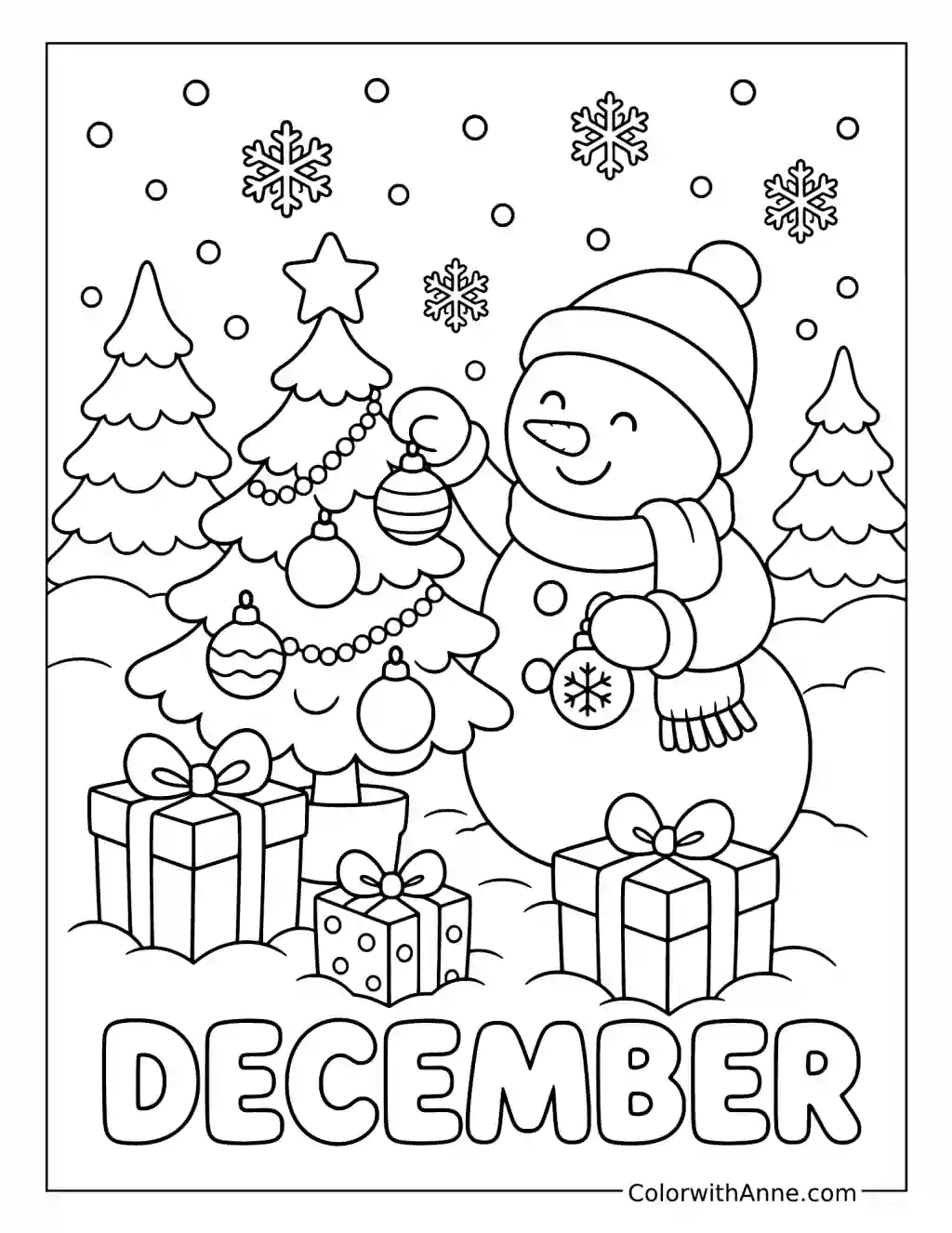 Snowman Decorating a Christmas Tree coloring page