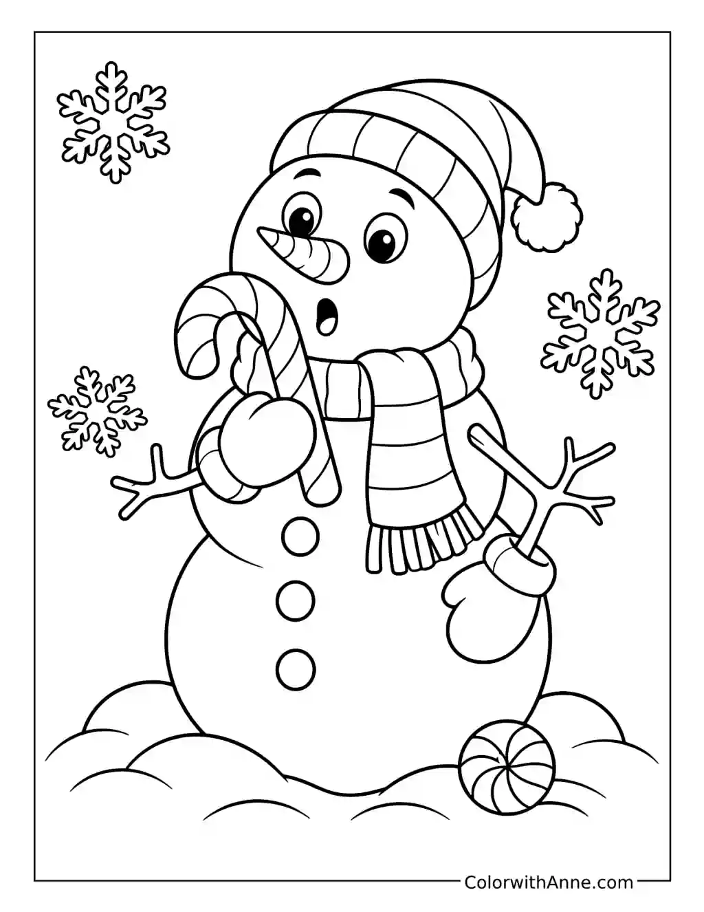 Snowman Holding a Candy Cane coloring page