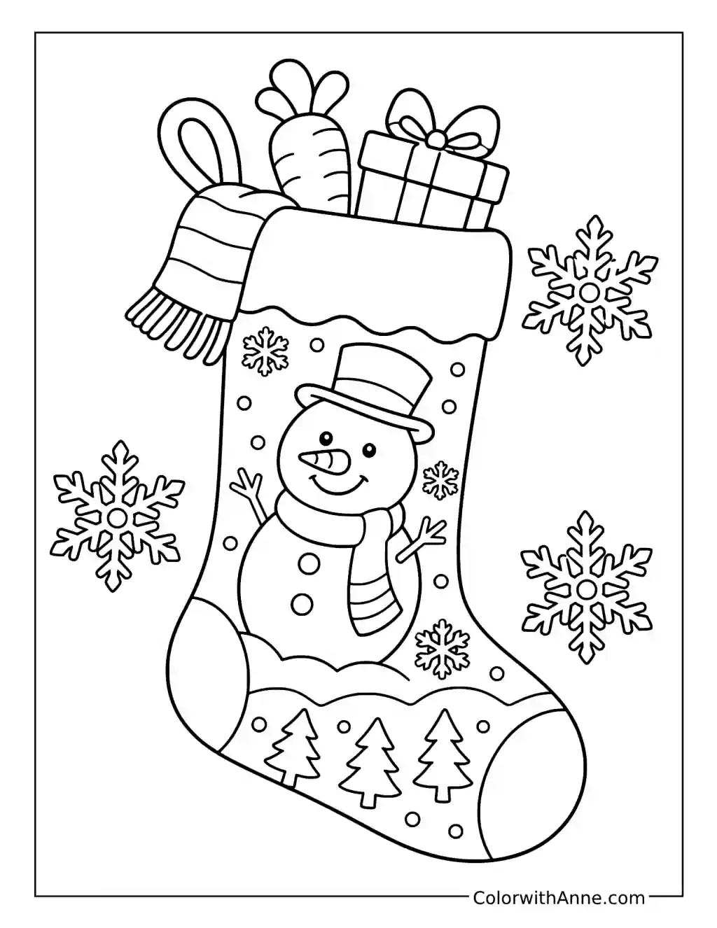 Snowman Stocking with Snowflakes and Gift coloring page