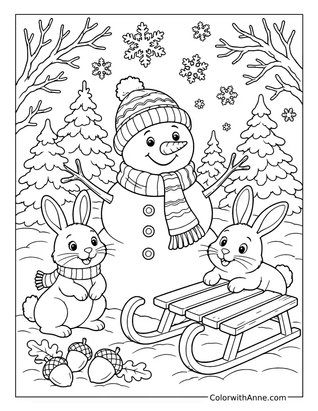 Snowman with Rabbits and a Sled coloring page