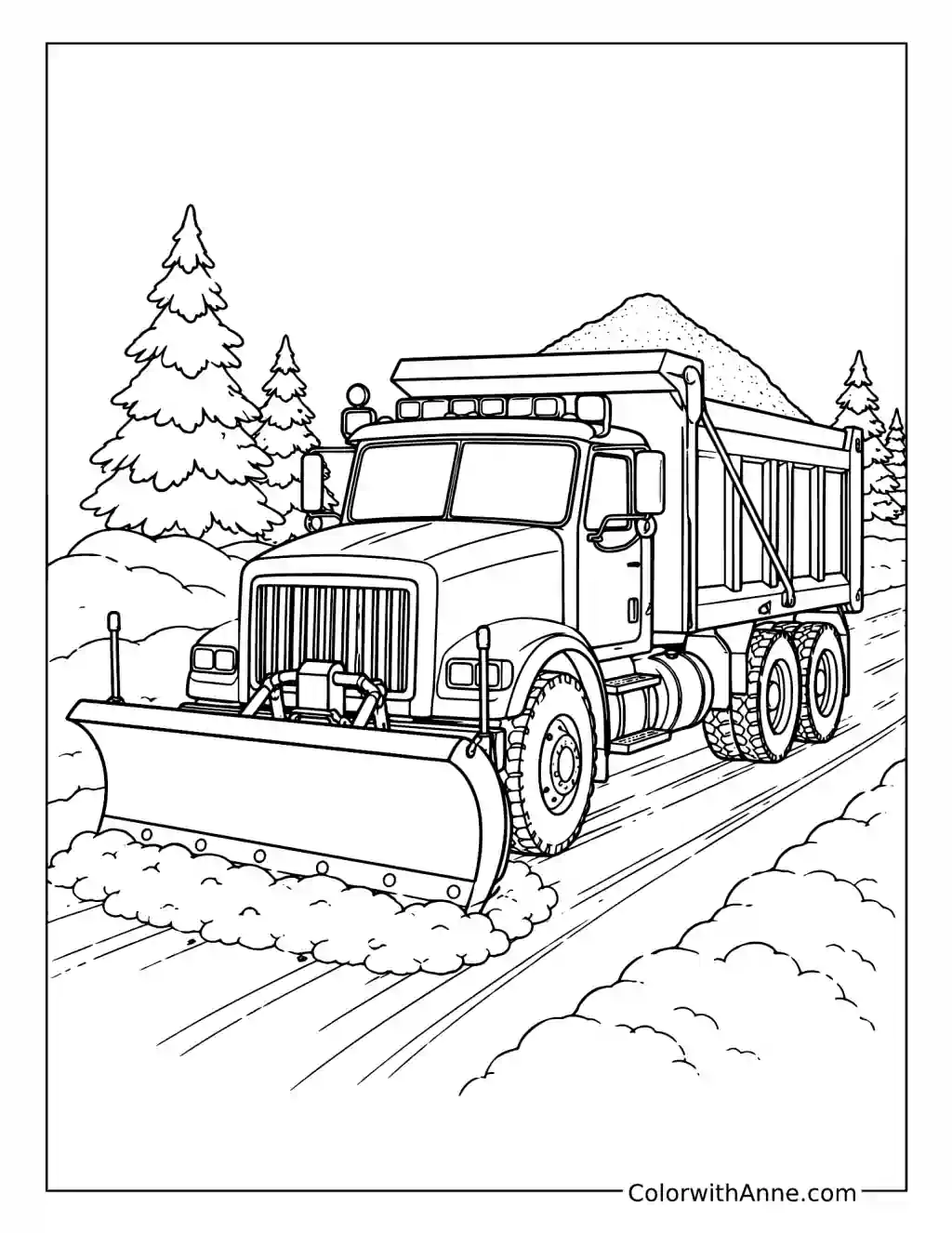 Snowplow Dump Truck Clearing a Winter Road coloring page