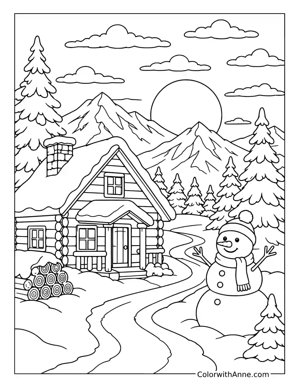 Snowy Cabin Sunset coloring page