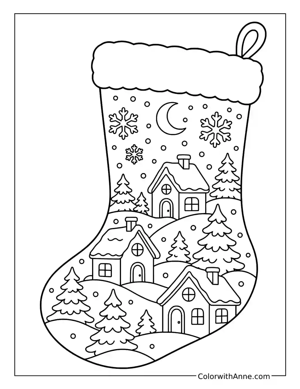 Snowy Village Christmas Stocking coloring page