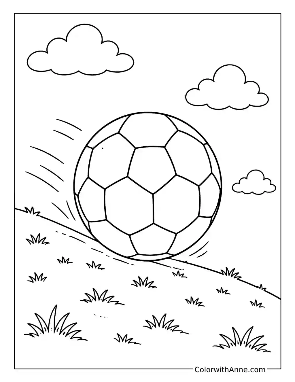 Soccer Ball Rolling Down Grassy Hill coloring page