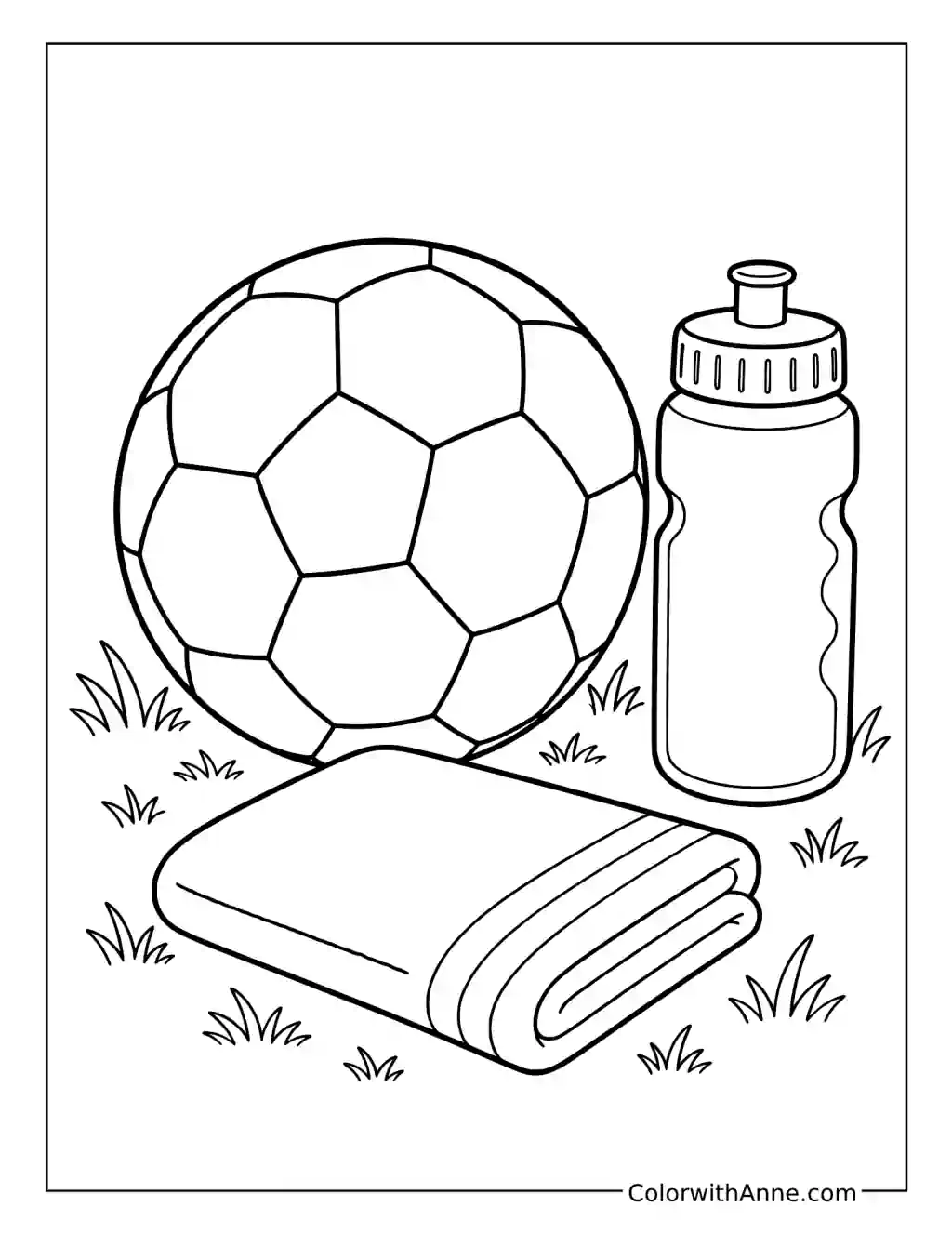 Soccer Ball with Water Bottle and Towel coloring page
