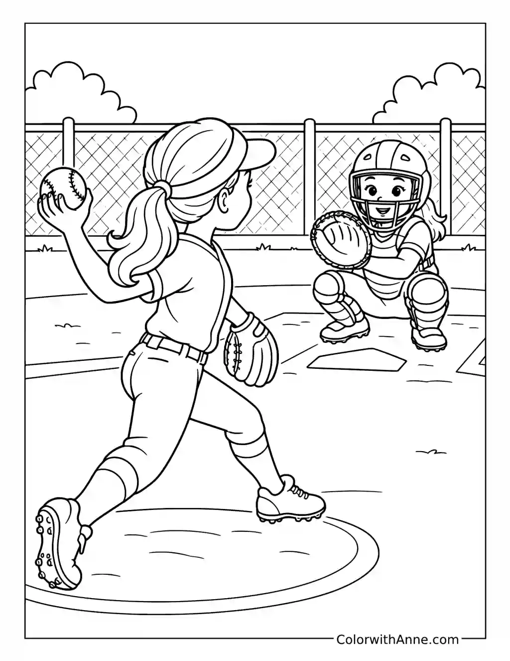 Softball Pitcher and Catcher in Action coloring page