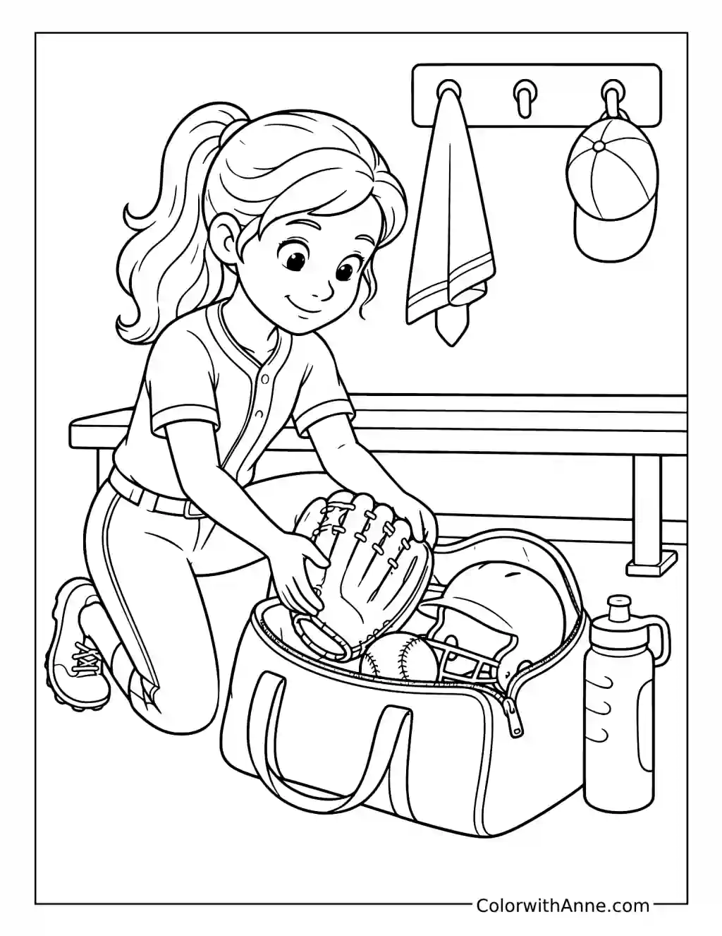 Softball Player Packing Her Gear coloring page