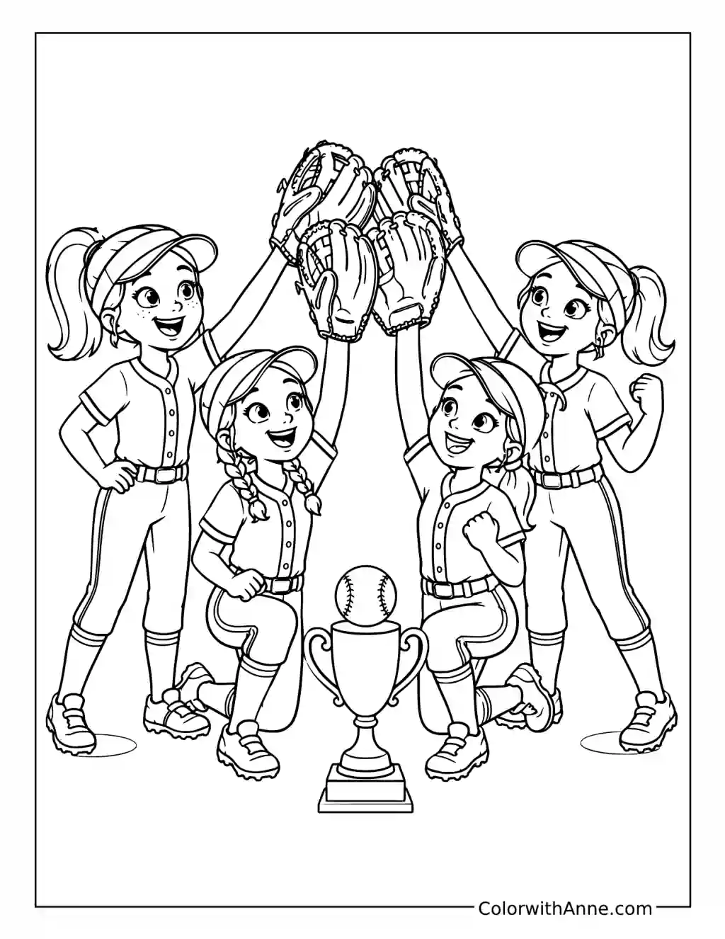Softball Teammates Celebrate Around a Trophy coloring page