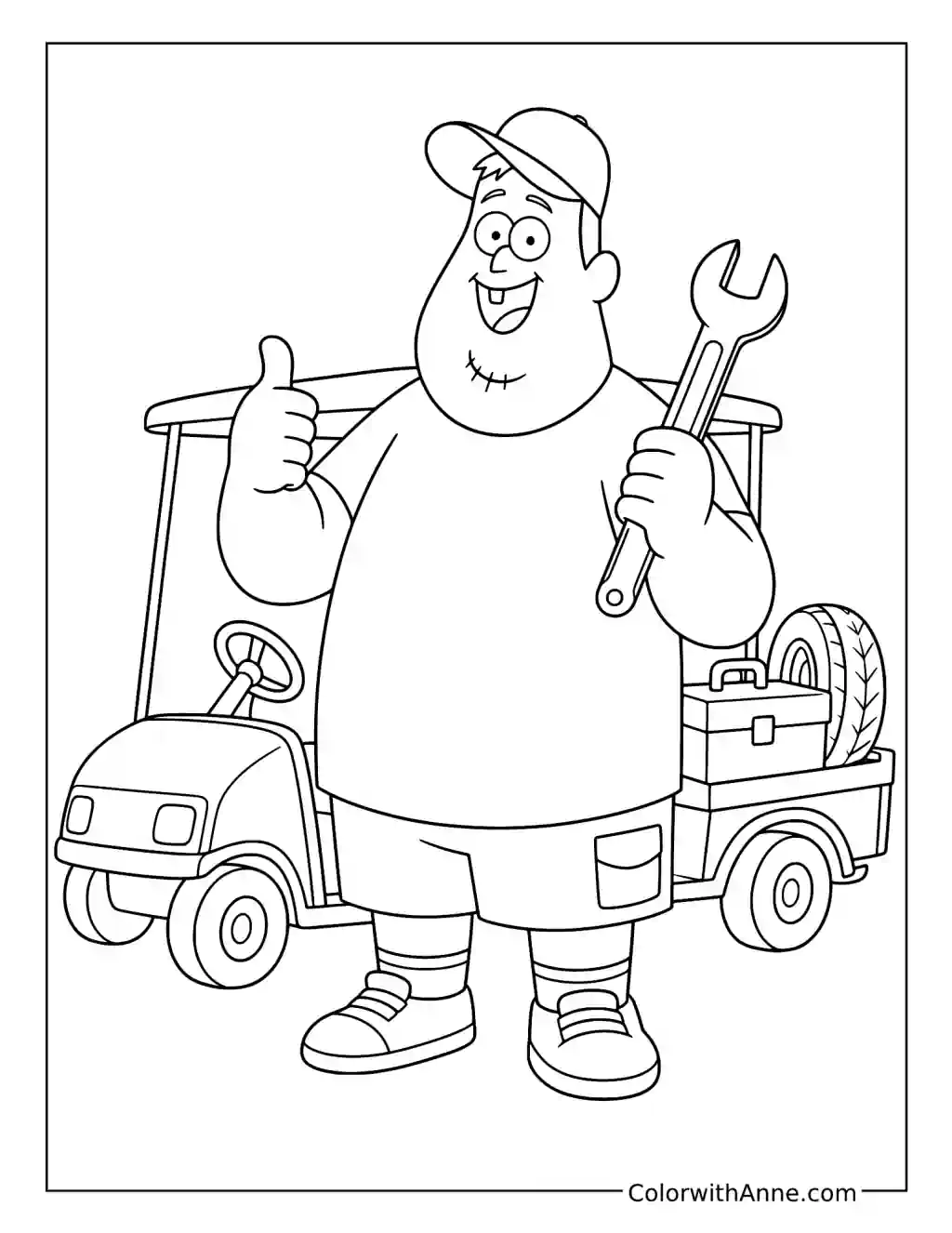 Soos with a Wrench and Golf Cart coloring page