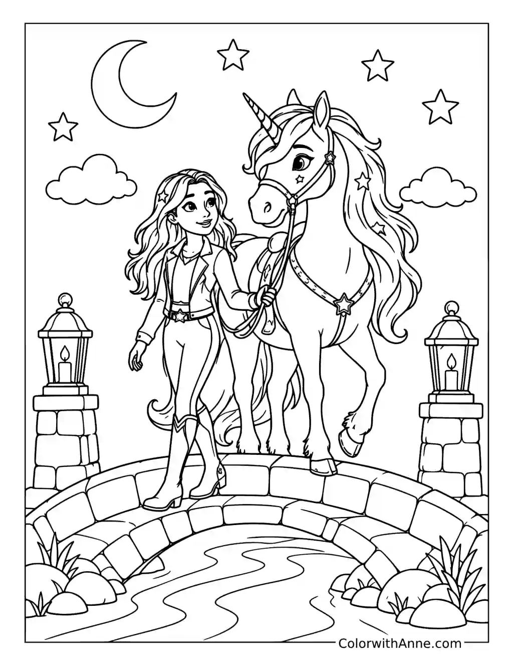 Sophia and Wildstar Crossing a Moonlit Bridge coloring page