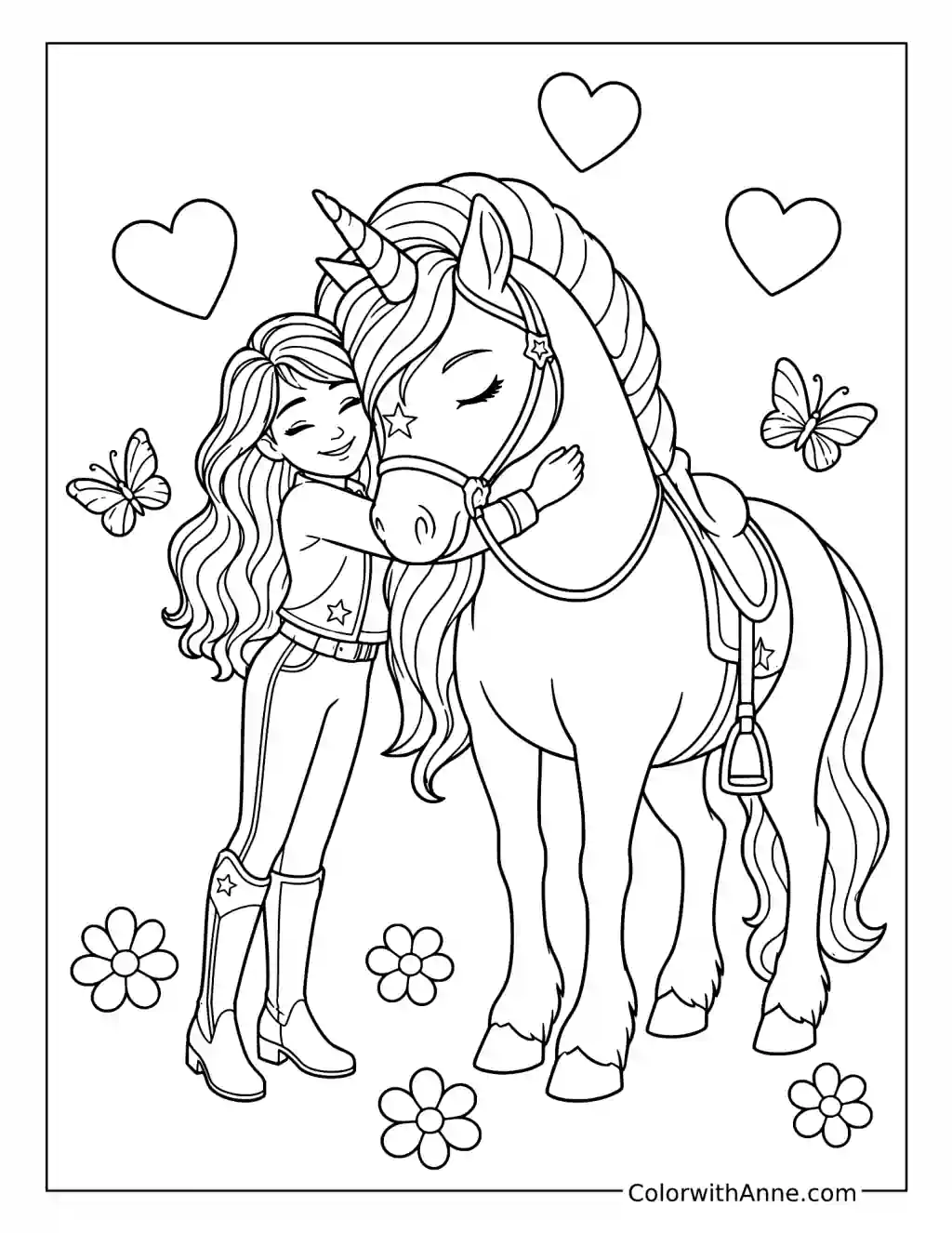 Sophia Hugging Wildstar in a Flower Meadow coloring page