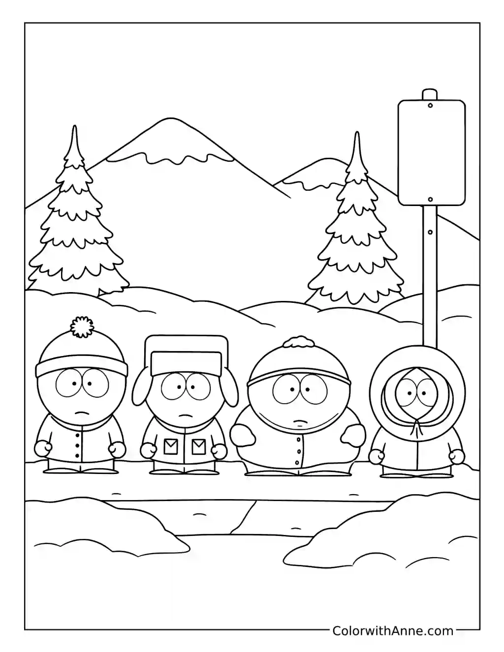 South Park Friends at Snowy Bus Stop coloring page