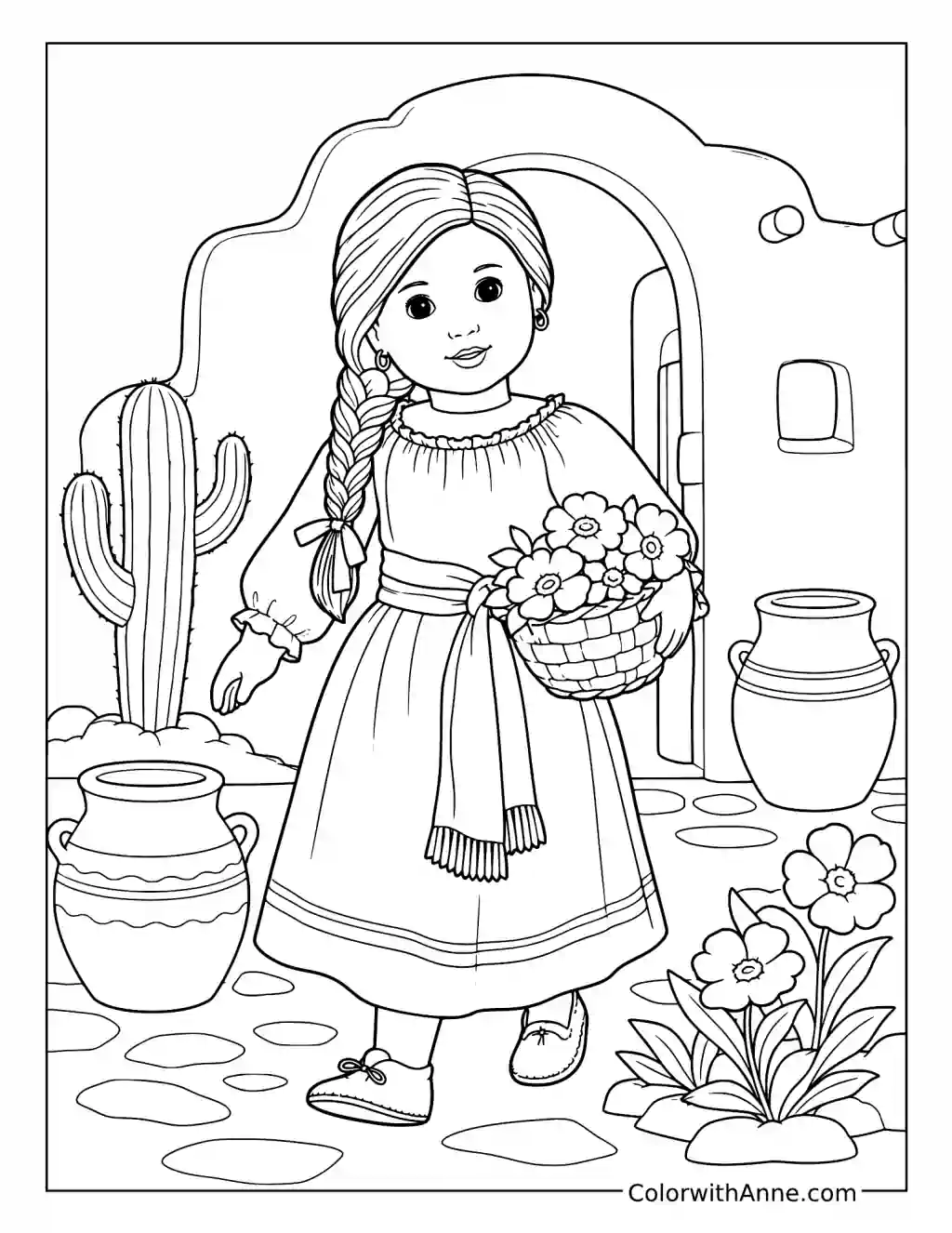 Southwestern Doll with a Flower Basket coloring page
