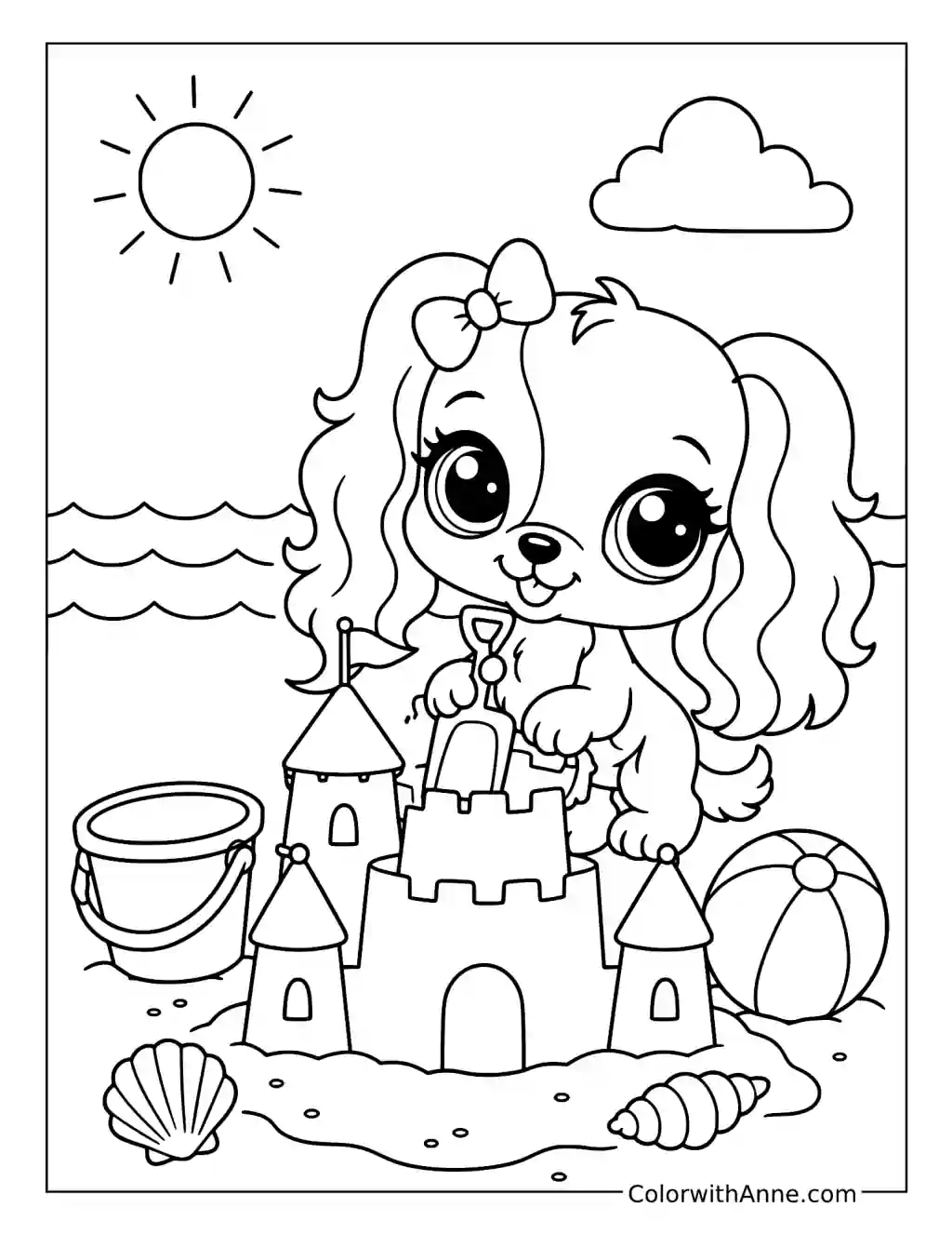 Spaniel Building a Sandcastle coloring page