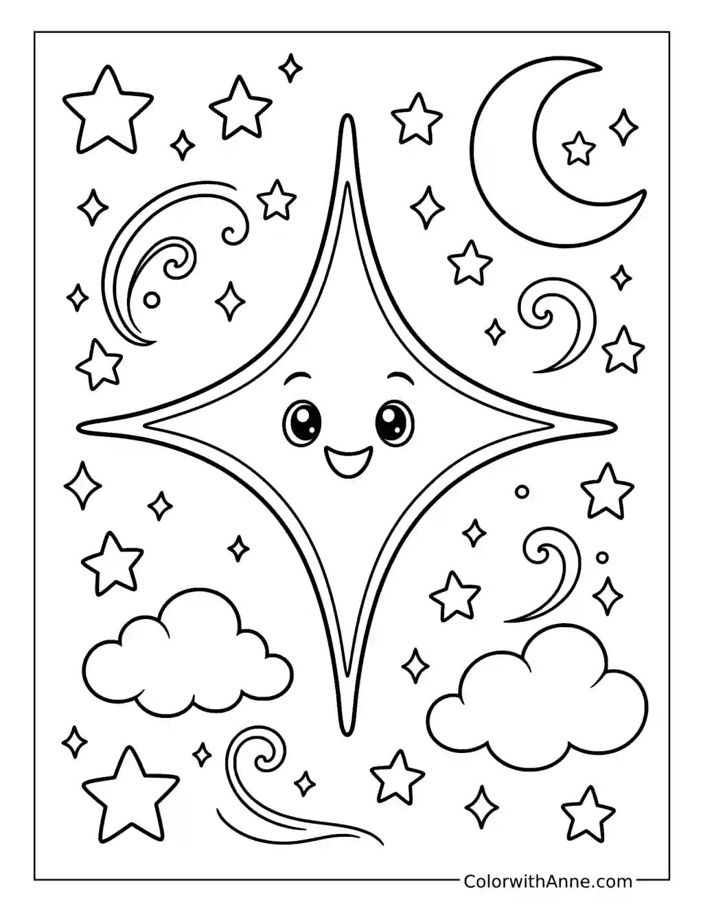 Sparkle Emoji with a Crescent Moon coloring page