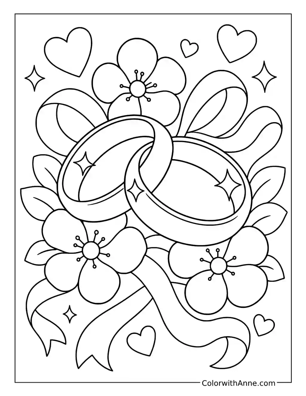 Sparkling Wedding Rings Among Flowers and Ribbons coloring page