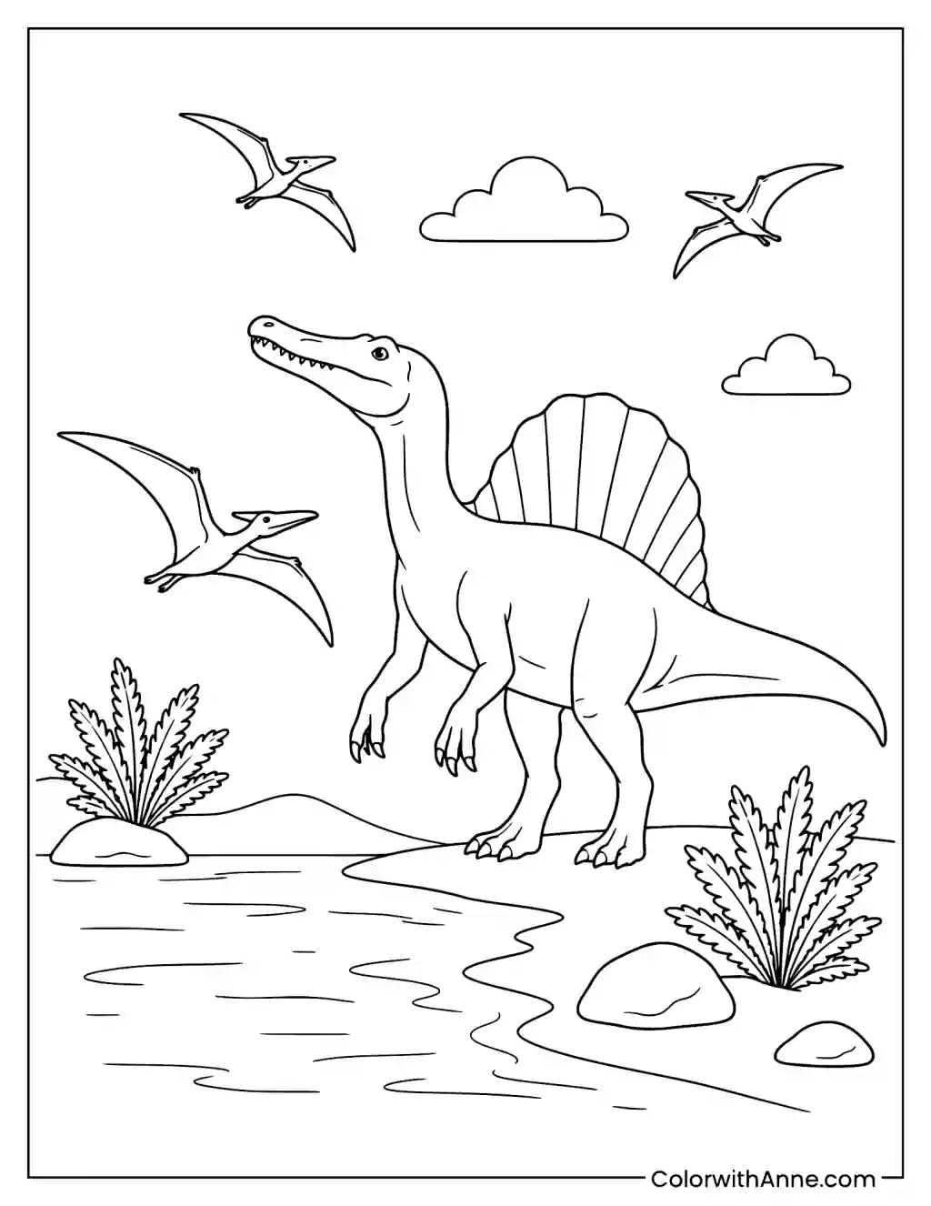 Spinosaurus and Pterosaurs coloring page