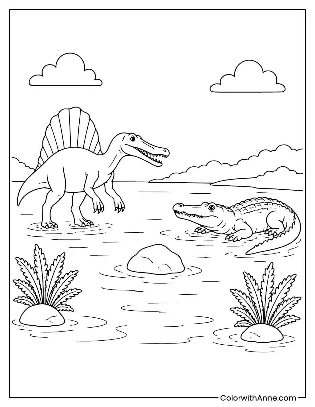 Spinosaurus and Sarcosuchus coloring page