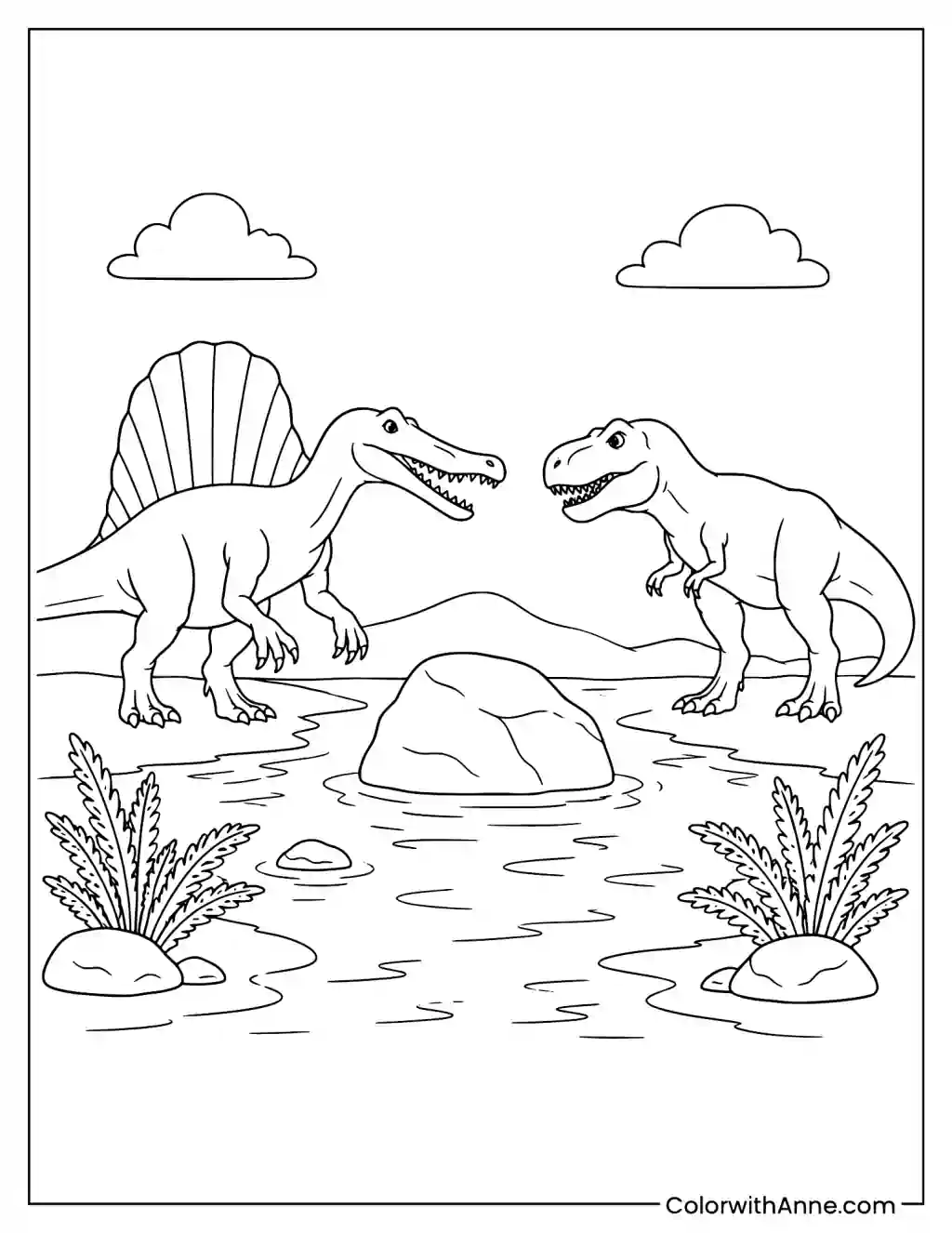 Spinosaurus Facing a Tyrannosaurus coloring page
