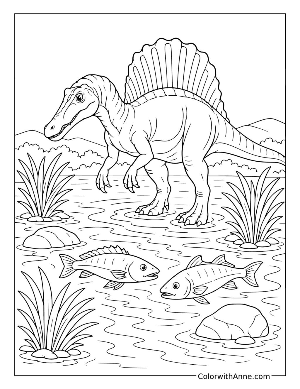 Spinosaurus Wading with Fish coloring page