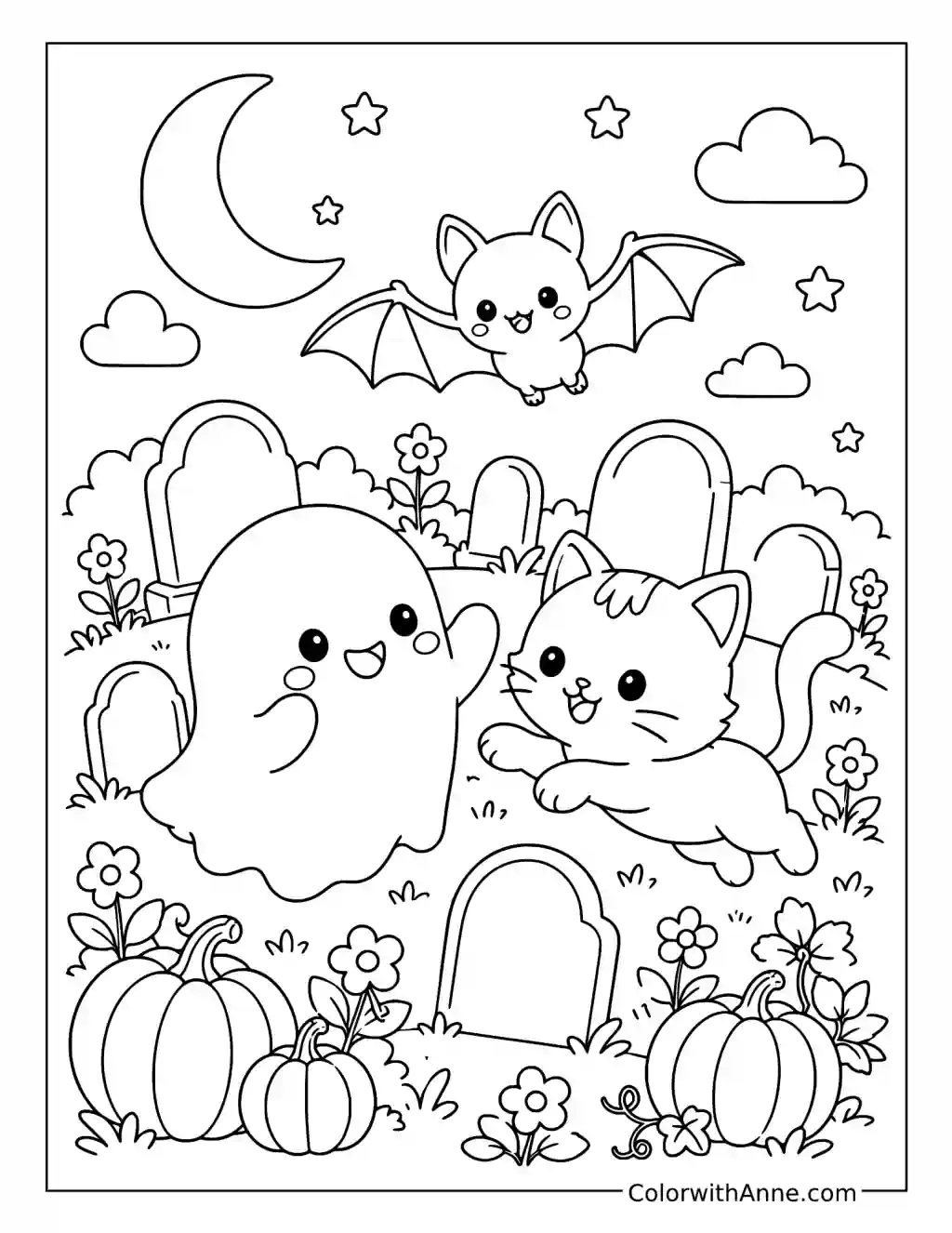 Spooky Cute Cemetery Friends coloring page