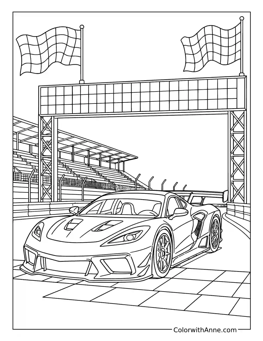 Sports Car Crossing the Finish Line coloring page