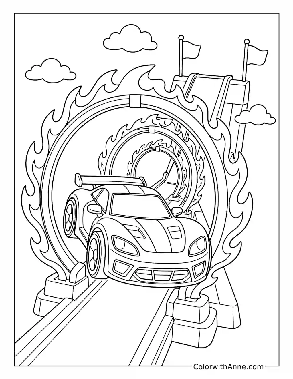 Sports Car Racing through Flaming Rings coloring page
