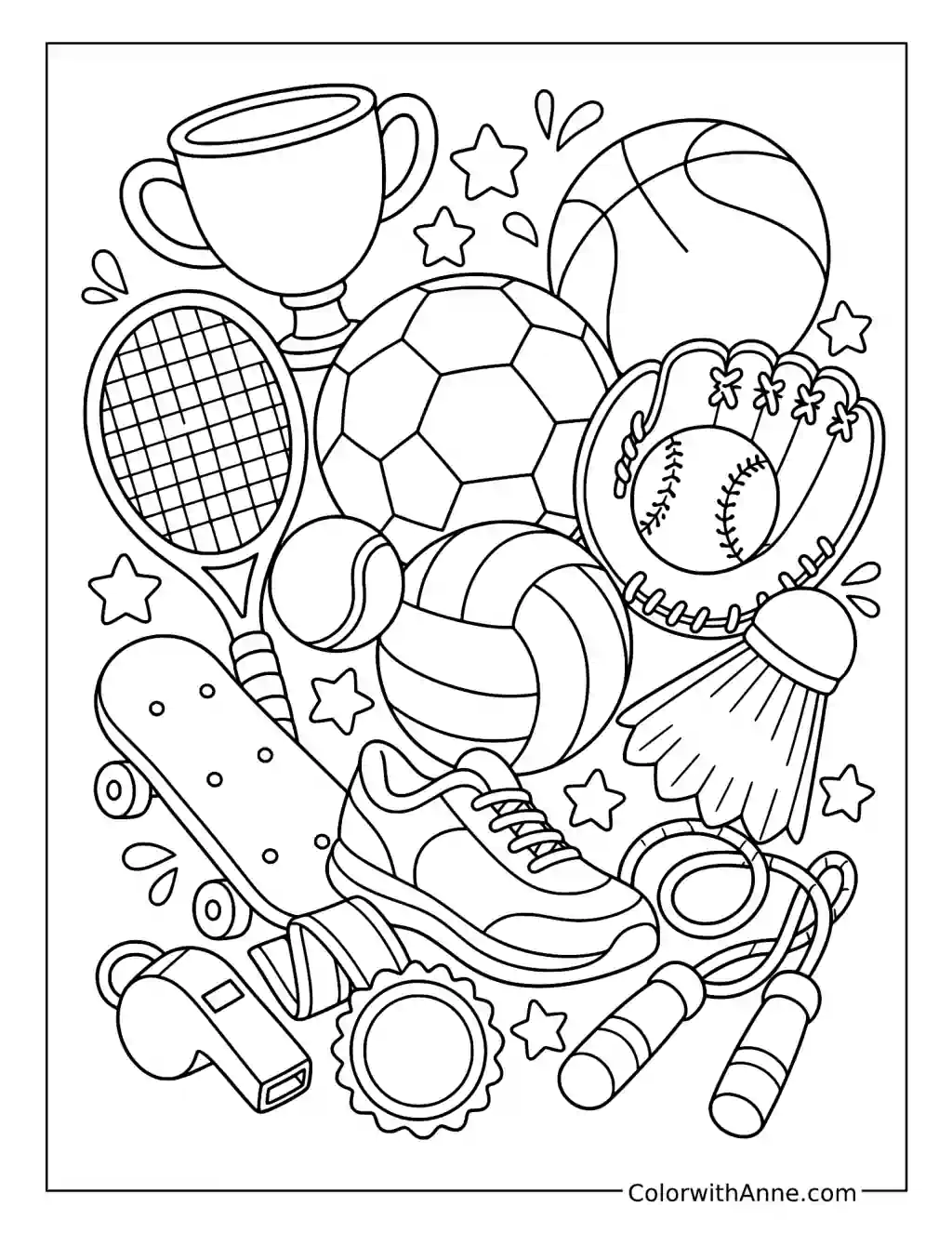 Sports Equipment Party Doodle Art coloring page