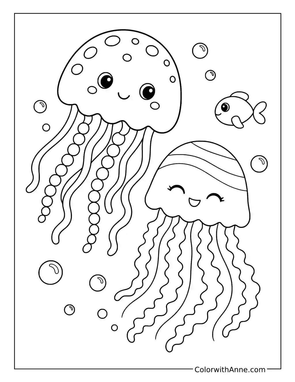 Spotted and Striped Jellyfish with a Little Fish coloring page