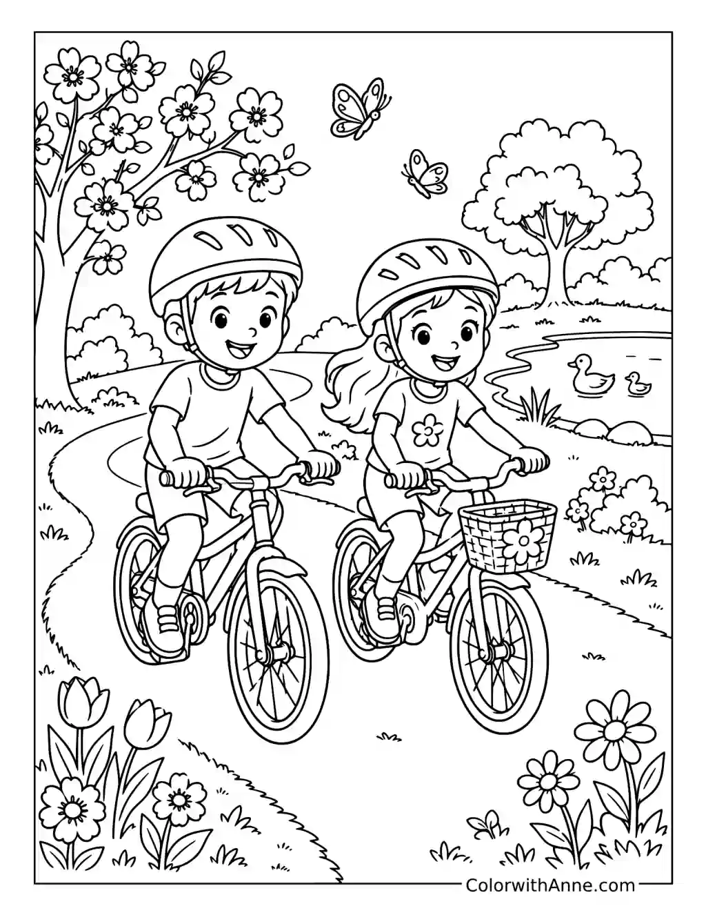 Spring Bicycle Ride in the Park coloring page