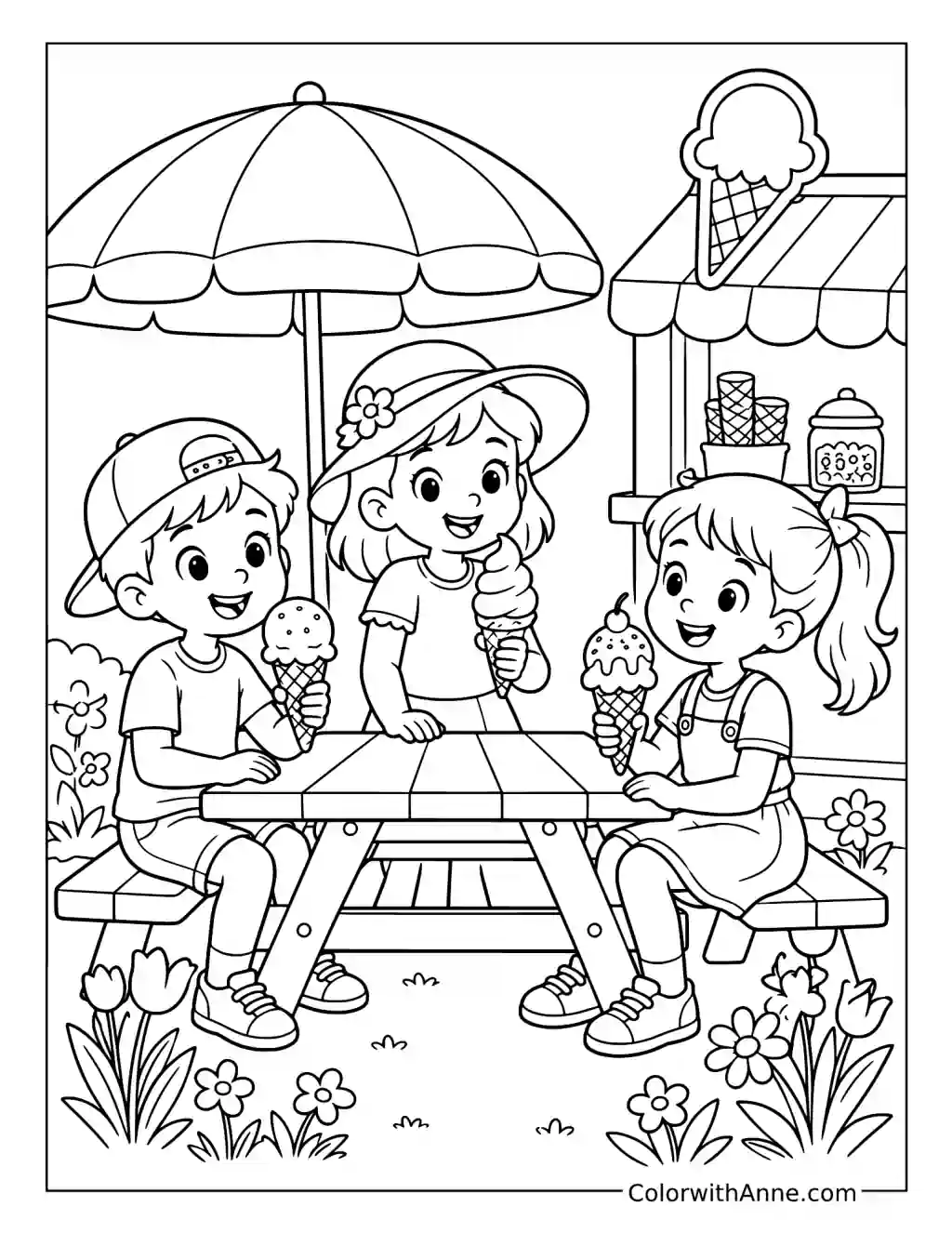 Spring Break Ice Cream with Friends coloring page