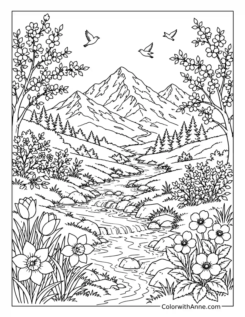 Spring Mountains and Flowers coloring page