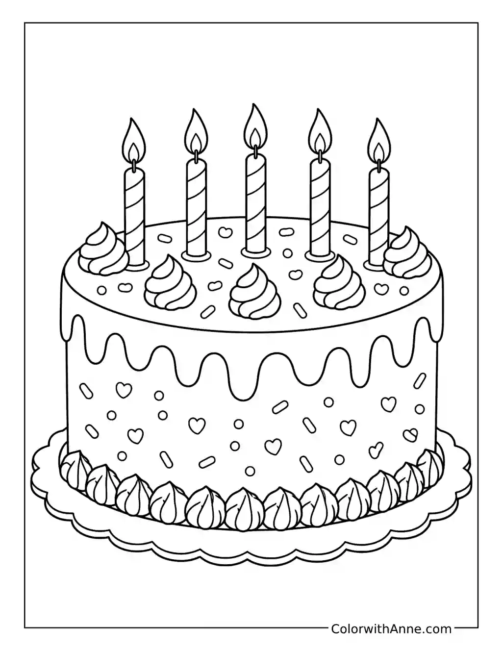 Sprinkle Drip Birthday Cake with Five Candles coloring page