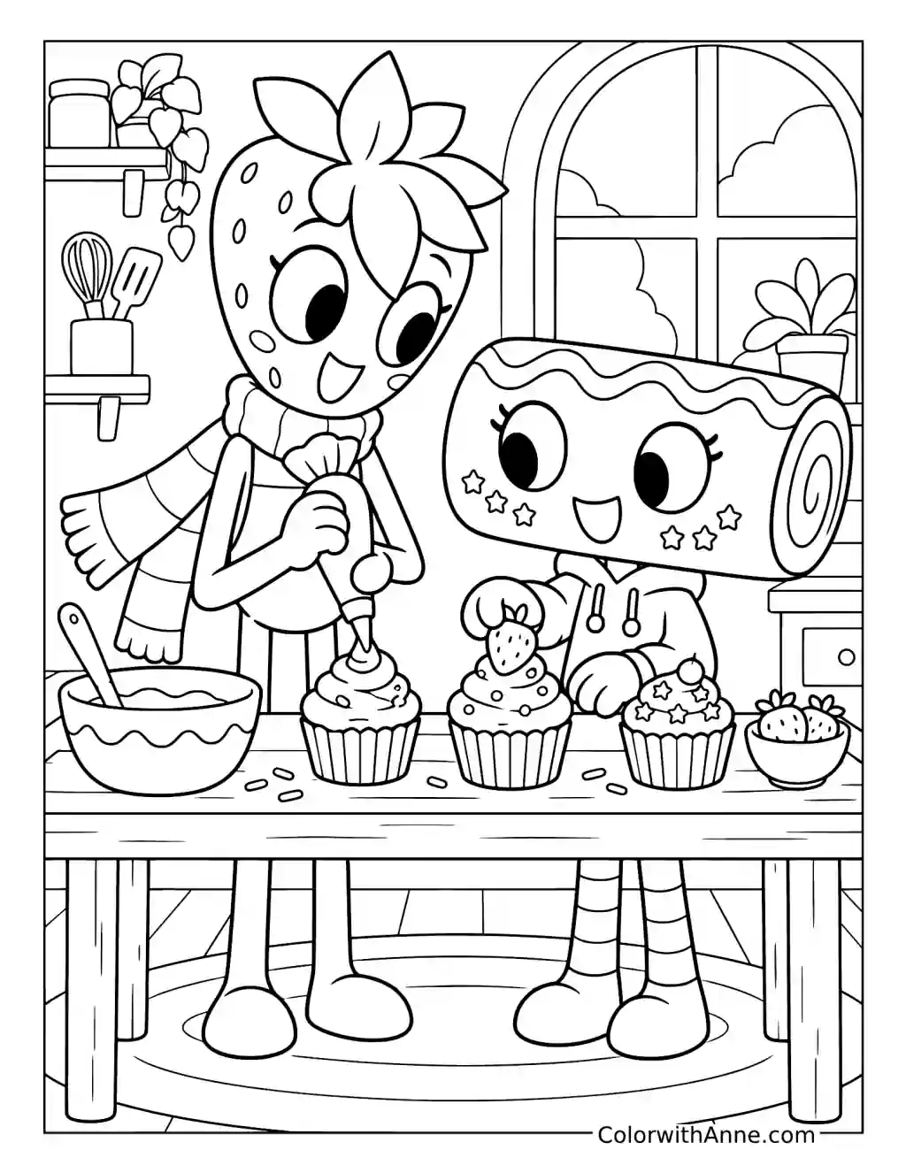 Sprout and Cosmo decorate cupcakes on a kitchen table beside bowls, utensils, and an arched window.