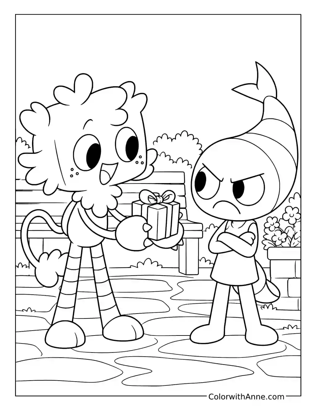 Sprout offers a wrapped gift to a crescent headed Toon beside flowers and a curved railing.