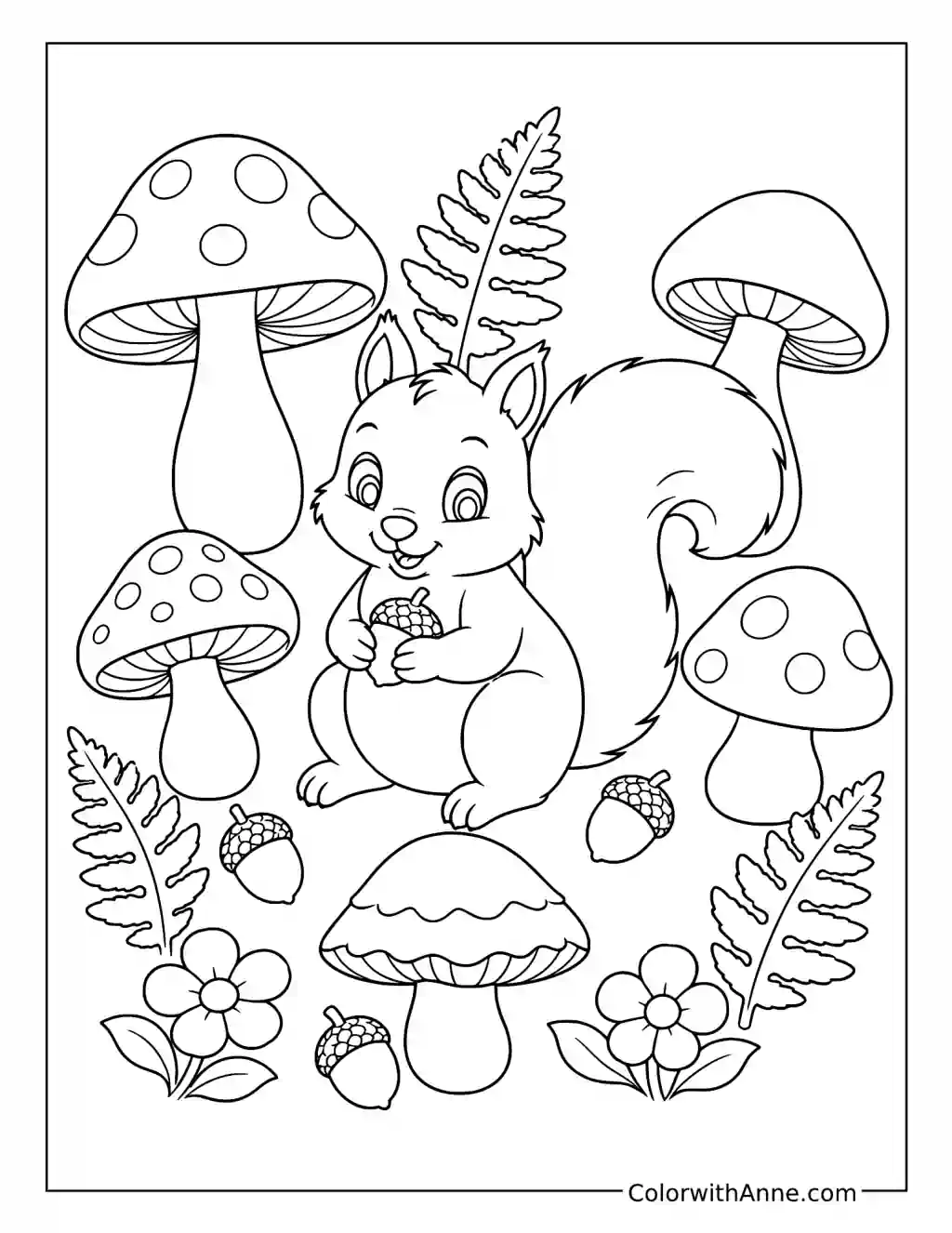 Squirrel among Woodland Mushrooms coloring page