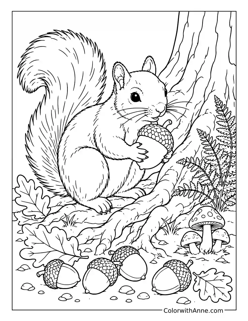 Squirrel Gathering Acorns coloring page