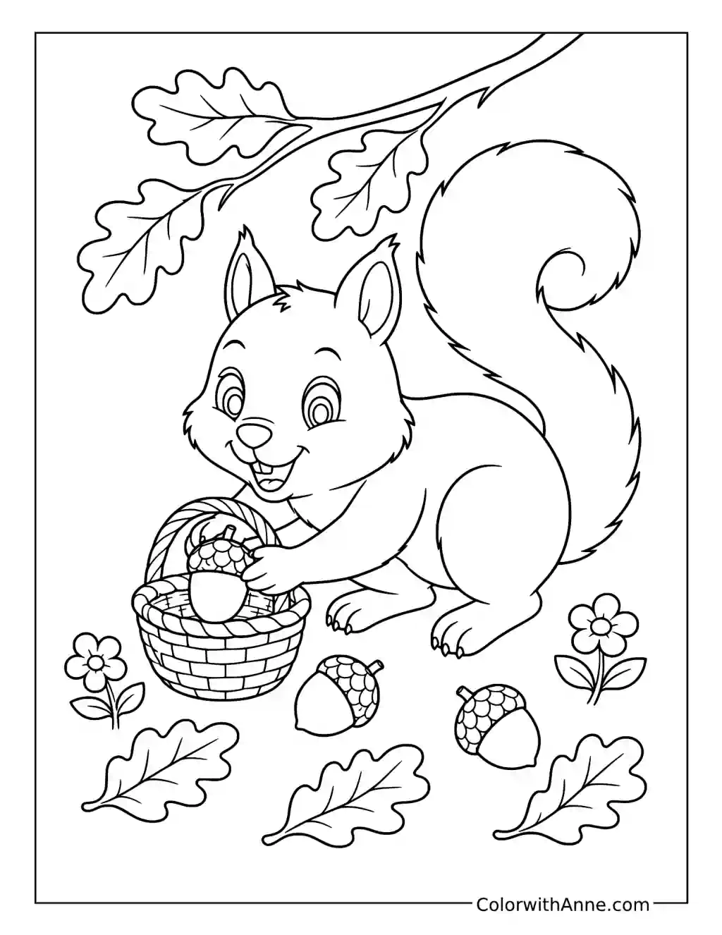 Squirrel Gathering Acorns in a Basket coloring page