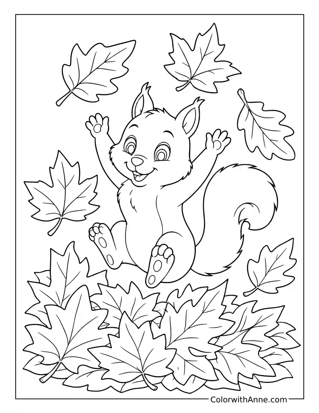 Squirrel Leaping through Autumn Leaves coloring page