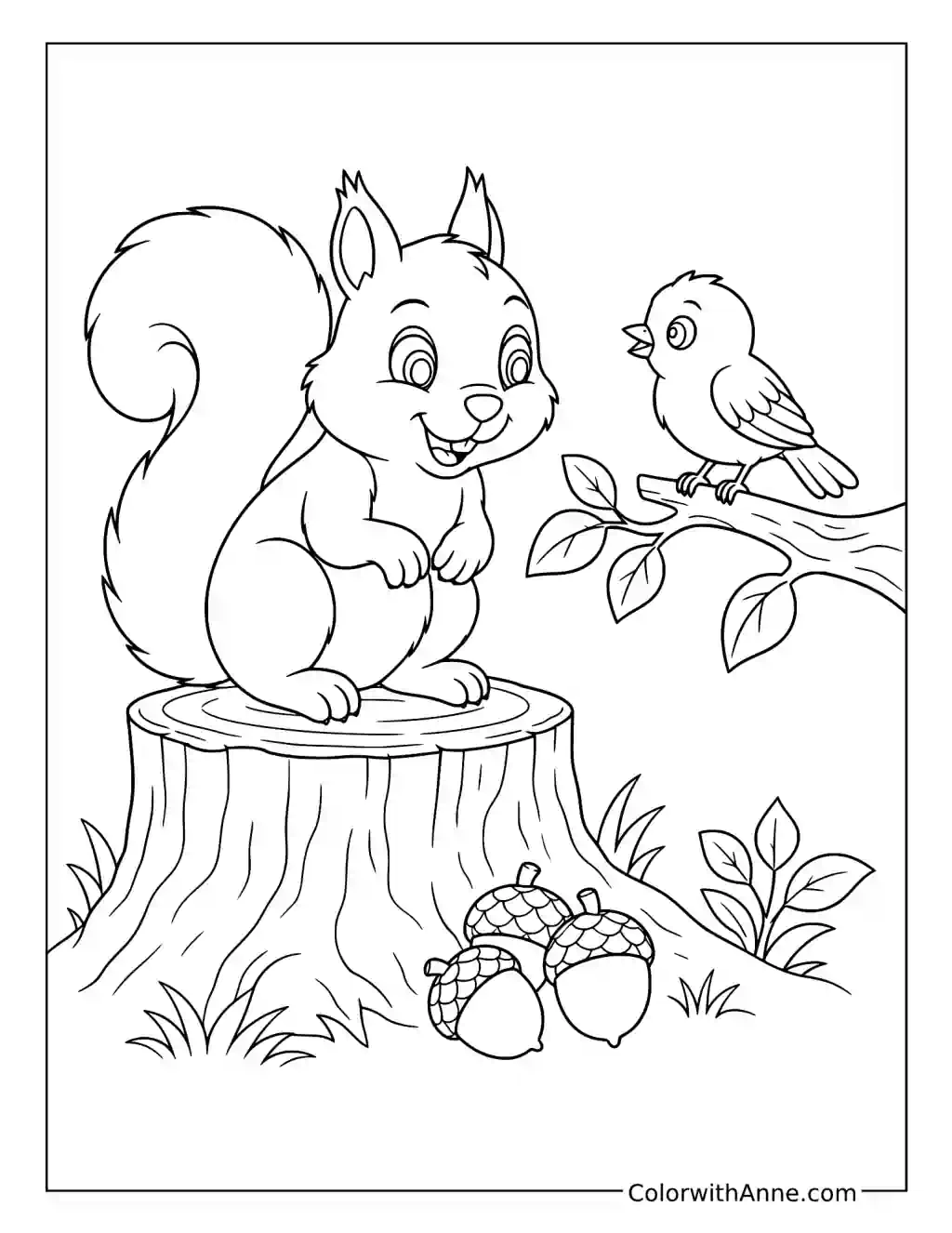 Squirrel on a Stump with a Bird on a Branch coloring page