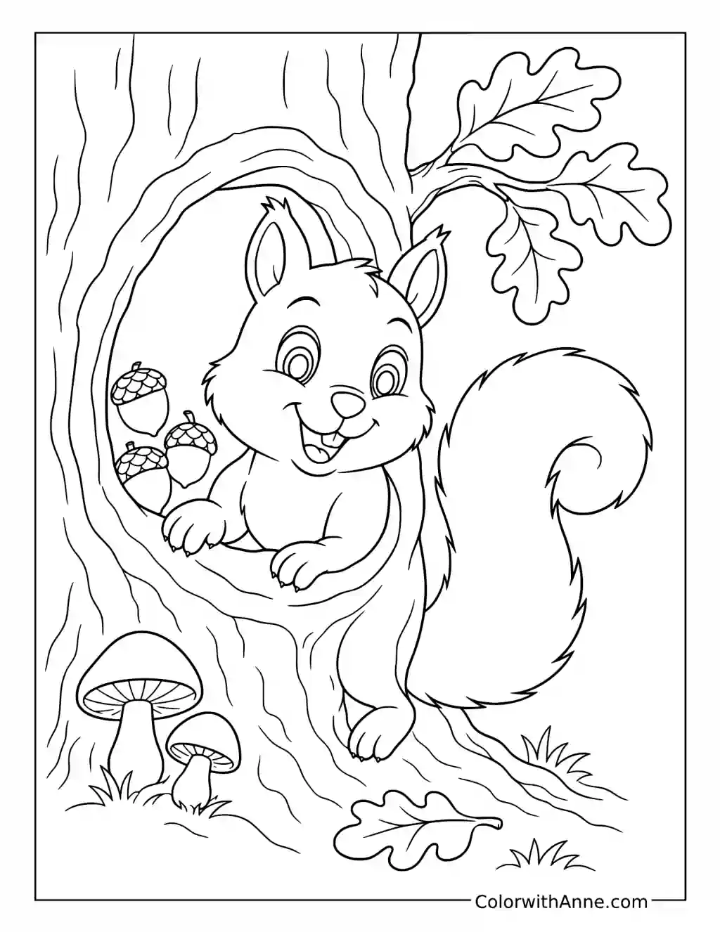 Squirrel Peeking from an Oak Hollow coloring page